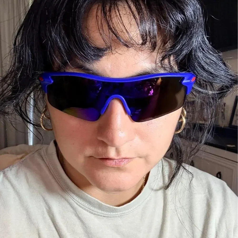 Electric blue wraparound shield sunglasses Y2k sporty cybercore moto festival